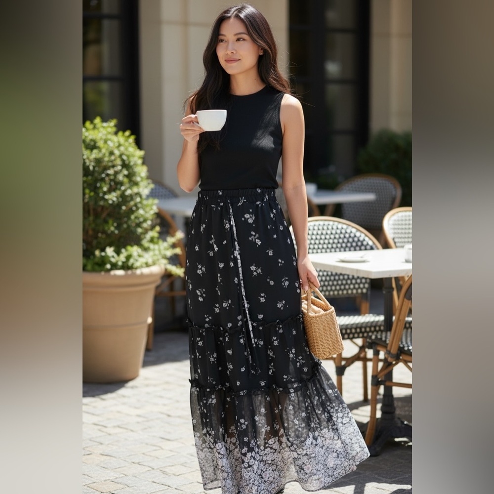 Sienna Sky Black Floral Tiered Maxi Skirt Boho Cottagecore Elastic Waist M